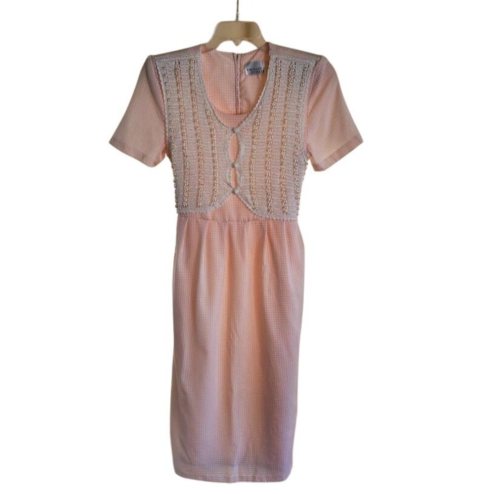 Vintage Halmode Petites Peach Gingham Dress Sz 8P Crochet Pearl Trim Cottagecore